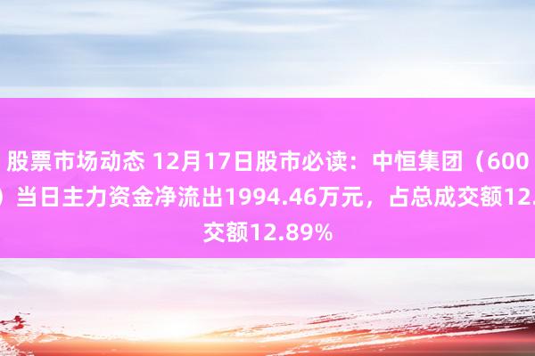 股票市场动态 12月17日股市必读：中恒集团（600252）当日主力资金净流出1994.46万元，占总成交额12.89%