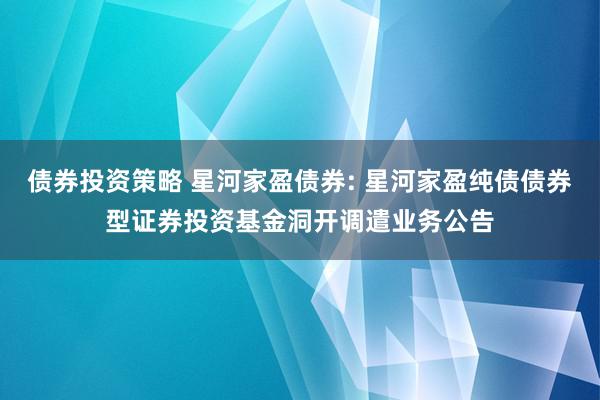 债券投资策略 星河家盈债券: 星河家盈纯债债券型证券投资基金洞开调遣业务公告